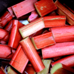 fresh cut chunks of bright red rhubarb