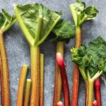fresh rhubarb on a slate table