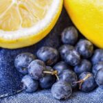 fresh blueberries and sliced lemons on a piece of denim
